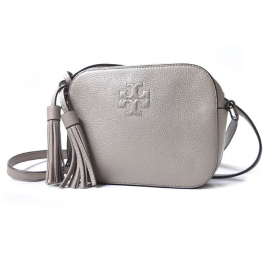 TORY BURCH Leather THEA Camera Bag Crossbody Shoulder Bag Tassels Light Grey